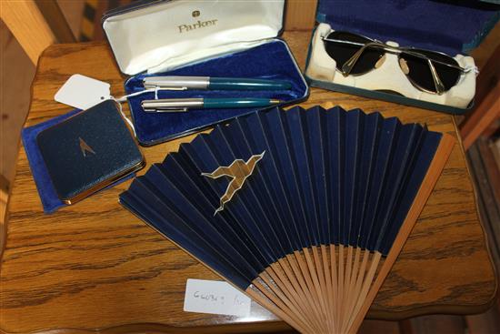 Pair Ray Ban Aviator sunglasses, Parker 51 fountain pen & ballpoint set & a BOAC compact and fan